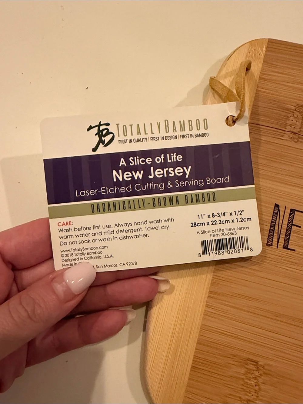 Vintage Bamboo New Jersey Map Cutting Board with Accent Tag